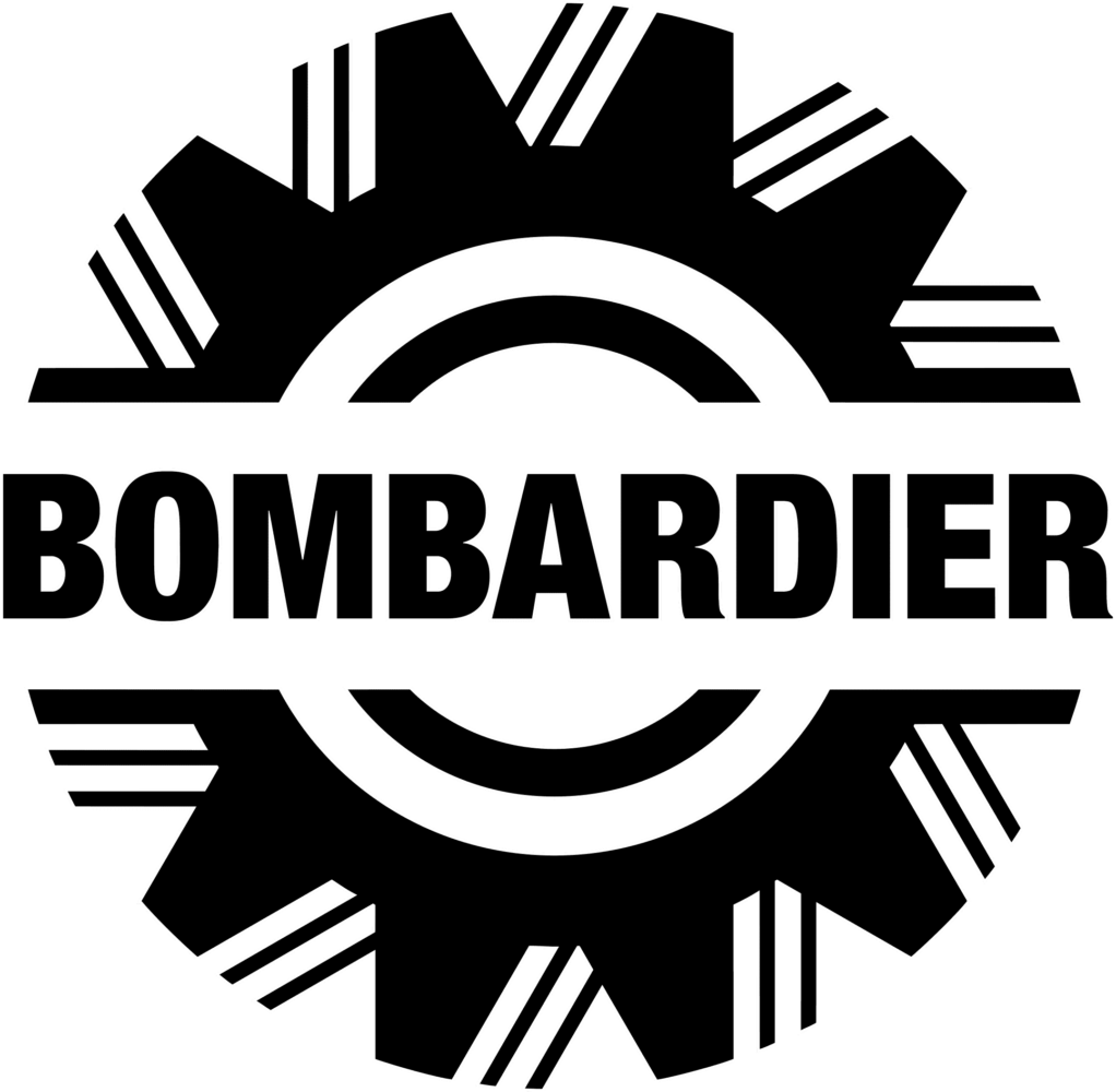 Bombardier logo in black and white featuring bold text inside a gear design