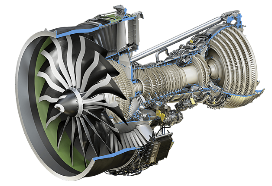 Cross-section view of a jet engine showing internal turbine blades and parts