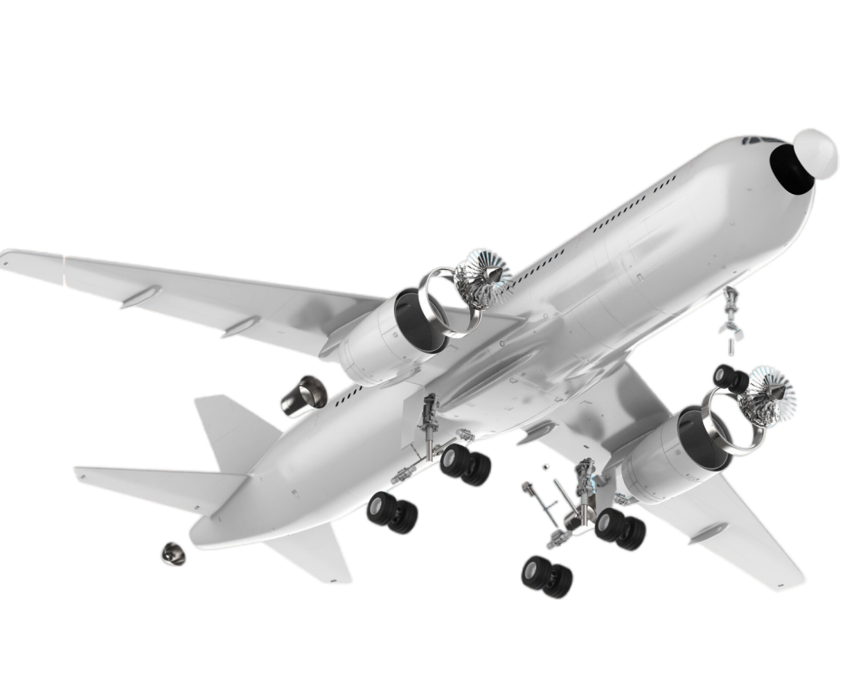 Digital rendering of an airplane with exposed engines and landing gear components