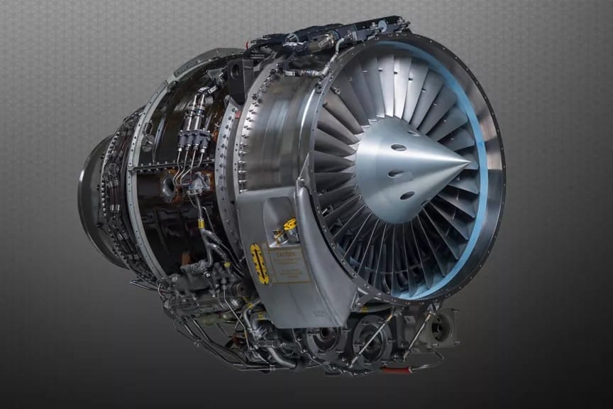 Honeywell TFE731 turbofan engine in a detailed studio view, highlighting its fan blades, compact design, and intricate mechanical components known for powering midsize business jets with reliable performance.