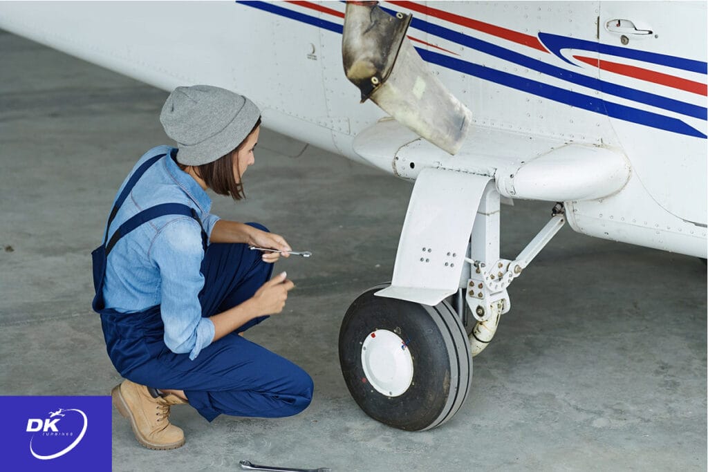 Aircraft technician performing maintenance on a small aircraft’s landing gear, a critical rotable part essential for safe operation and regular inspection.