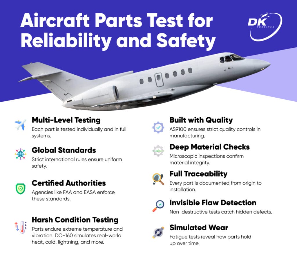 Infographic explaining how aircraft parts are tested for reliability safety, including multi-level testing, global standards, certified authority oversight, harsh condition simulations, and flaw detection methods by DK Turbines.
