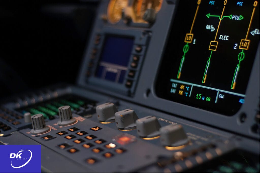 Close-up of cockpit instrumentation panel displaying aircraft systems diagnostics and performance metrics for real-time monitoring.