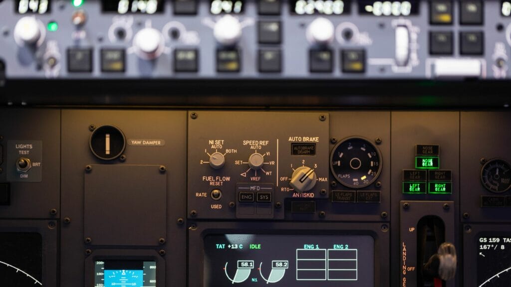 Close-up view of essential aircraft flight instruments.
