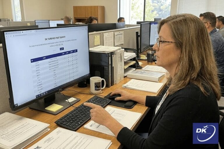 Procurement professional using DK Turbine Parts Search database on monitor