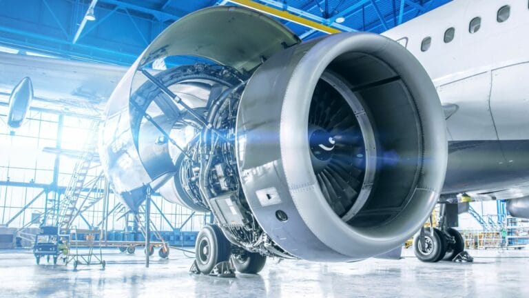 Jet engine opened for detailed service and maintenance